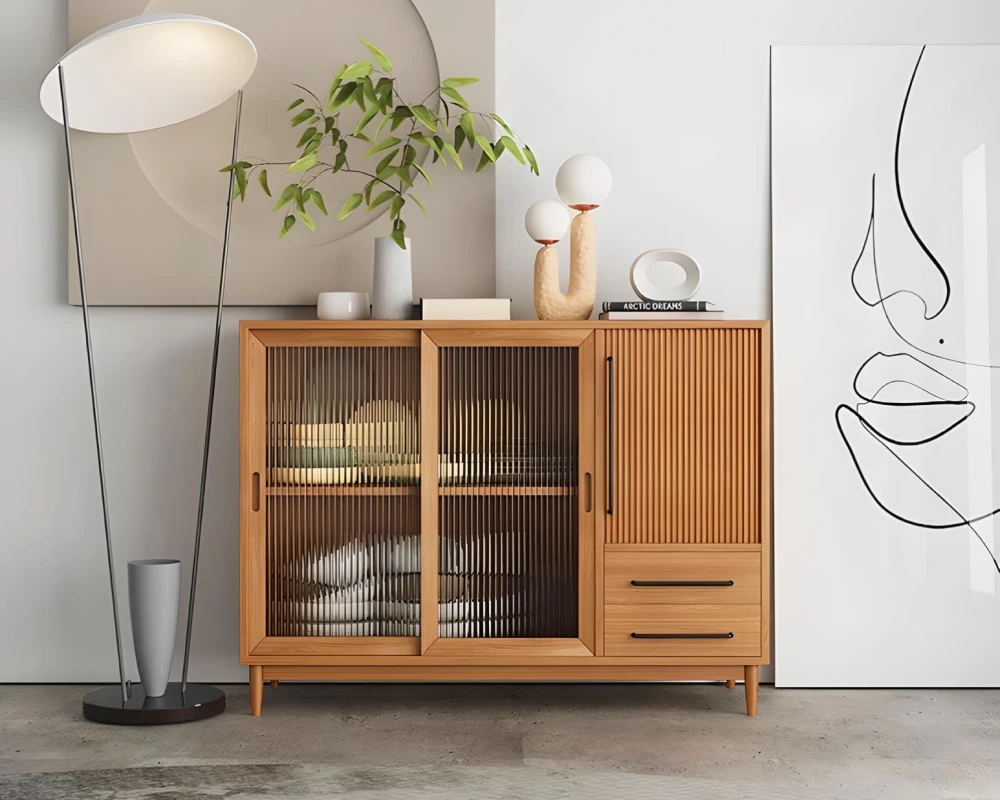 wooden sideboard with glass doors